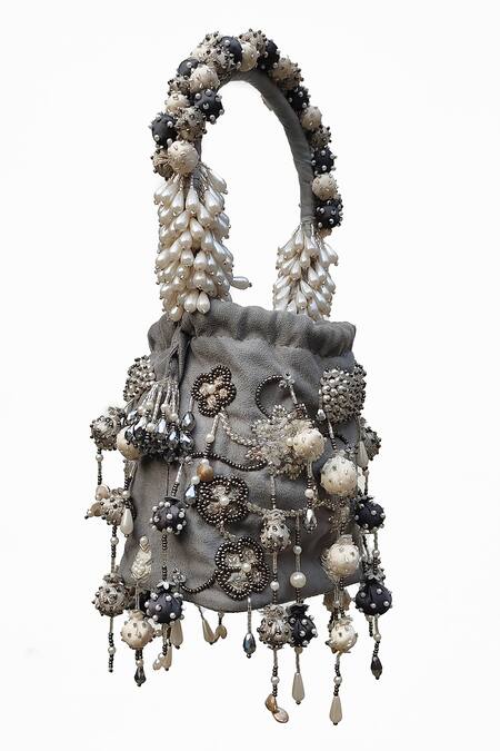 Born Flash_Grey Beads, Lace Timtima Hand Embroidered Potli Bag _at_Aza_Fashions