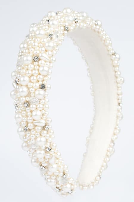 Born Flash_White Pearls, Crystals Embellished Hair Band _Online_at_Aza_Fashions