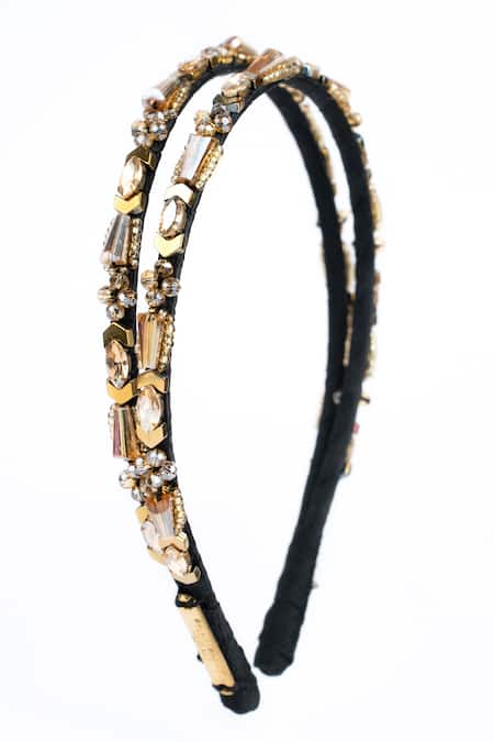 Born Flash_Gold Beads, Crystals Queen Pharaoh Embellished Hair Band _Online_at_Aza_Fashions