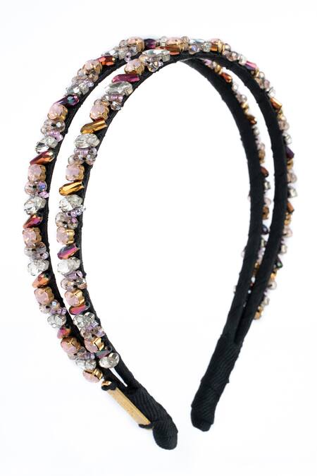 Born Flash_Pink Beads, Crystals Queen Double Layer Embellished Hair Band _Online_at_Aza_Fashions