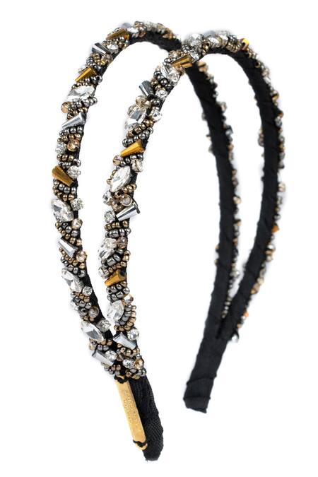 Born Flash_Silver Beads, Crystals Double Layered Embellished Hair Band _Online_at_Aza_Fashions