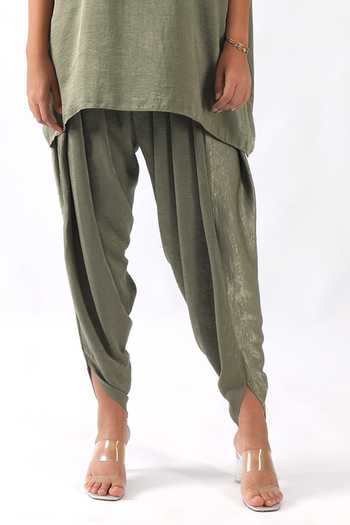 Shop_Nemaani_Green Satin Metallic Thread Geometric Embroidered Yoke Kaftan With Dhoti Pant _Online_at_Aza_Fashions