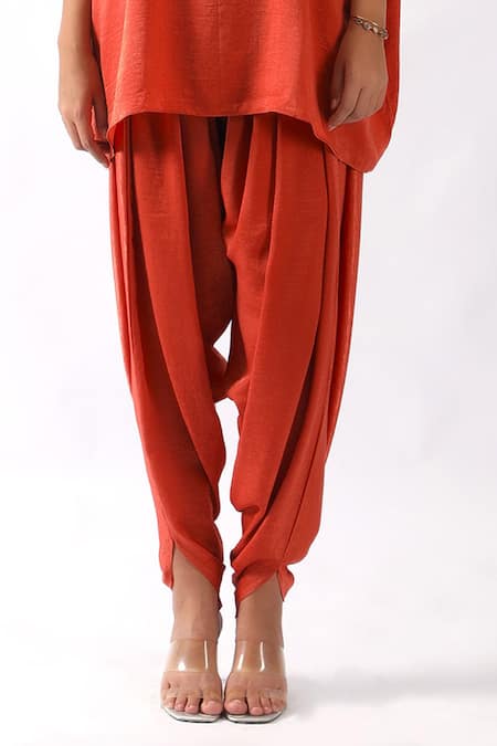 Nemaani Orange Satin Metallic Geometric Nalki Embroidered Yoke Kaftan With Dhoti Pant at Aza Fashions Nemaani_Orange Satin Metallic Geometric Nalki Embroidered Yoke Kaftan With Dhoti Pant _at_Aza_Fashions