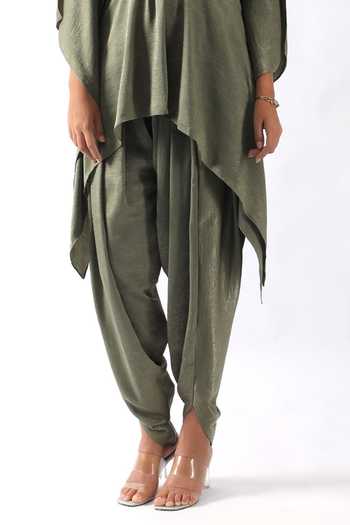 Nemaani_Green Satin Metallic Thread Nalki Embroidered Bodice Kaftan With Dhoti Pant _at_Aza_Fashions