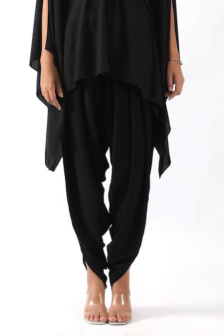 Nemaani_Black Georgette Embroidery Round Neck Moti Bodice Kaftan With Dhoti Pant _at_Aza_Fashions