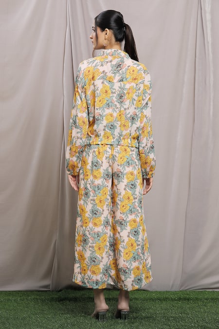 Shop Samyukta Singhania Yellow Chiffon, Ramie Shawl Neck Floral Garden Print Shirt Pant Set at Aza Fashions Shop_Samyukta Singhania_Yellow Chiffon, Ramie Shawl Neck Floral Garden Print Shirt Pant Set_at_Aza_Fashions