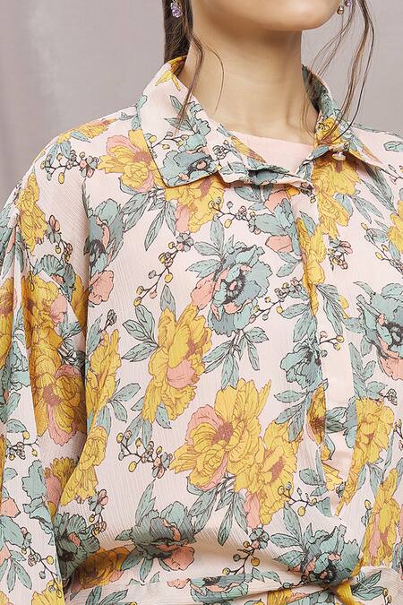 Buy Samyukta Singhania Yellow Chiffon, Ramie Shawl Neck Floral Garden Print Shirt Pant Set Online at Aza Fashions Buy_Samyukta Singhania_Yellow Chiffon, Ramie Shawl Neck Floral Garden Print Shirt Pant Set_Online_at_Aza_Fashions