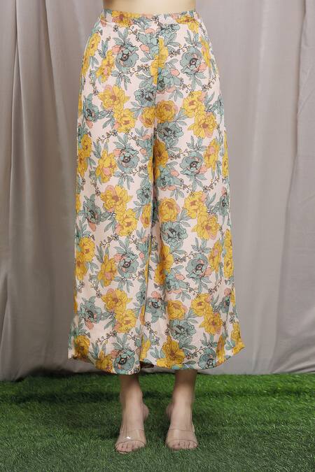 Shop Samyukta Singhania Yellow Chiffon, Ramie Shawl Neck Floral Garden Print Shirt Pant Set Online at Aza Fashions Shop_Samyukta Singhania_Yellow Chiffon, Ramie Shawl Neck Floral Garden Print Shirt Pant Set_Online_at_Aza_Fashions