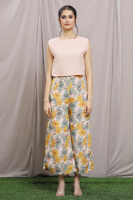 Samyukta Singhania Yellow Chiffon, Ramie Shawl Neck Floral Garden Print Shirt Pant Set at Aza Fashions Samyukta Singhania_Yellow Chiffon, Ramie Shawl Neck Floral Garden Print Shirt Pant Set_at_Aza_Fashions