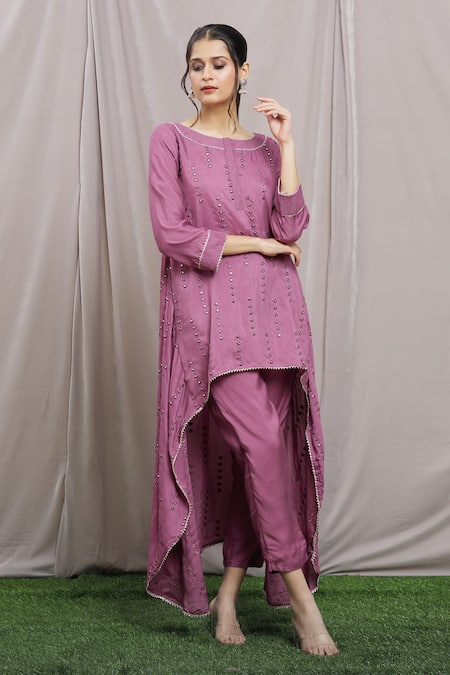 Khwaab by Sanjana Lakhani Pink Kurta Muslin Embroidered Mirrorwork Round High-low Pant Set