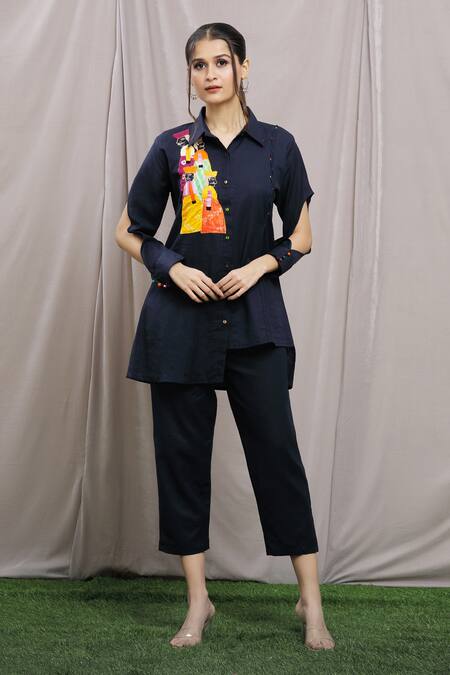 Buy_Samyukta Singhania_Blue Cotton Collared Patchwork Placement Shirt Tunic With Pant_Online_at_Aza_Fashions