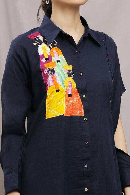 Shop_Samyukta Singhania_Blue Cotton Collared Patchwork Placement Shirt Tunic With Pant_Online_at_Aza_Fashions