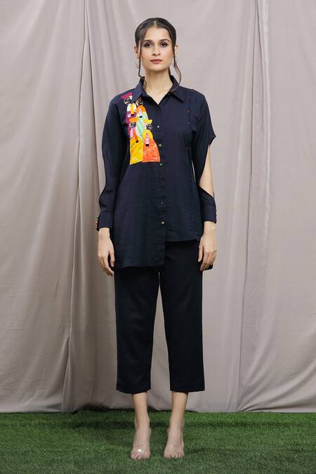 Samyukta Singhania_Blue Cotton Collared Patchwork Placement Shirt Tunic With Pant_at_Aza_Fashions