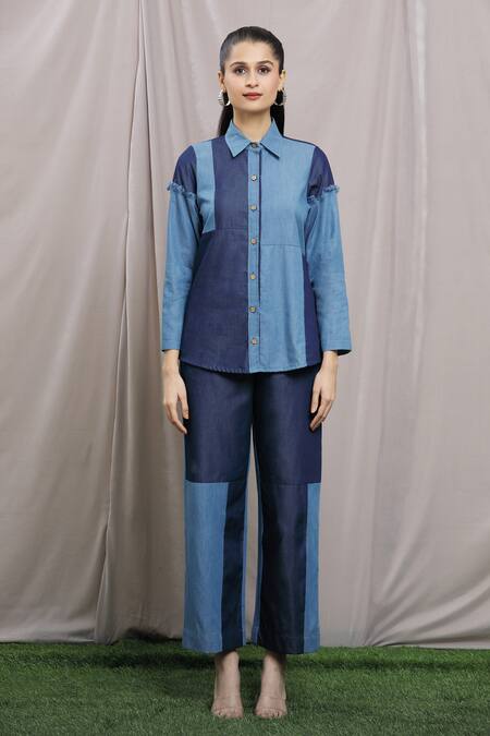 Naintara Bajaj_Blue Denim Collared Colorblock Shirt And Pant Set _Online_at_Aza_Fashions
