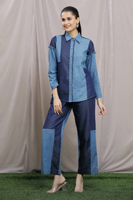 Buy_Naintara Bajaj_Blue Denim Collared Colorblock Shirt And Pant Set _Online_at_Aza_Fashions