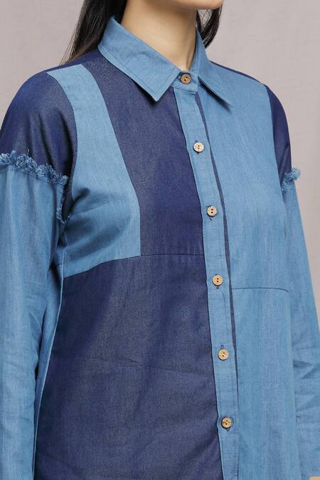 Shop_Naintara Bajaj_Blue Denim Collared Colorblock Shirt And Pant Set _Online_at_Aza_Fashions