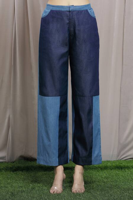 Naintara Bajaj_Blue Denim Collared Colorblock Shirt And Pant Set _at_Aza_Fashions