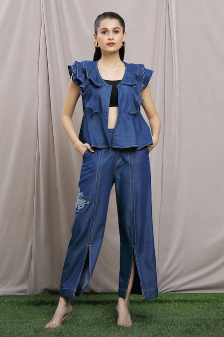 Naintara Bajaj Blue Soft Denim Embroidery Floral Leaf Neck Butterfly Ruffle Top And Pant Set