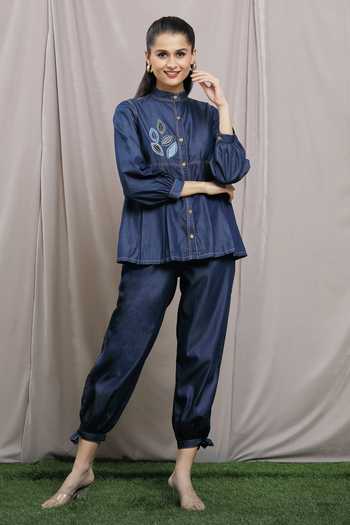 Naintara Bajaj_Blue Soft Denim Embroidery Leaf Band Patchwork Peplum Shirt And Harem Pant Set_Online_at_Aza_Fashions