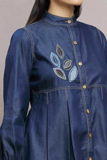 Buy_Naintara Bajaj_Blue Soft Denim Embroidery Leaf Band Patchwork Peplum Shirt And Harem Pant Set_Online_at_Aza_Fashions