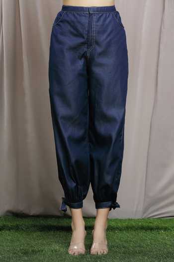 Shop_Naintara Bajaj_Blue Soft Denim Embroidery Leaf Band Patchwork Peplum Shirt And Harem Pant Set_Online_at_Aza_Fashions