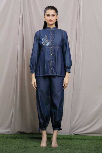 Naintara Bajaj_Blue Soft Denim Embroidery Leaf Band Patchwork Peplum Shirt And Harem Pant Set_at_Aza_Fashions