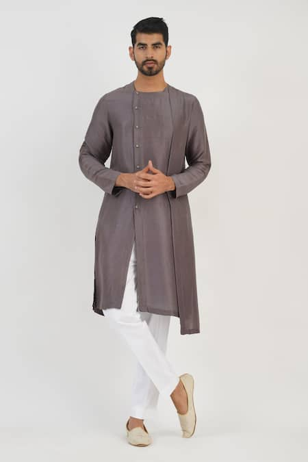 Sankalan - Men Grey Silk Solid Kurta And White Pant Set  