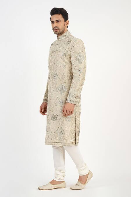 Buy_Sankalan - Men_Beige Lurex Hand Embroidered Jaal Sherwani Churidar Set  _Online_at_Aza_Fashions