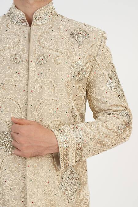 Shop_Sankalan - Men_Beige Lurex Hand Embroidered Jaal Sherwani Churidar Set  _Online_at_Aza_Fashions