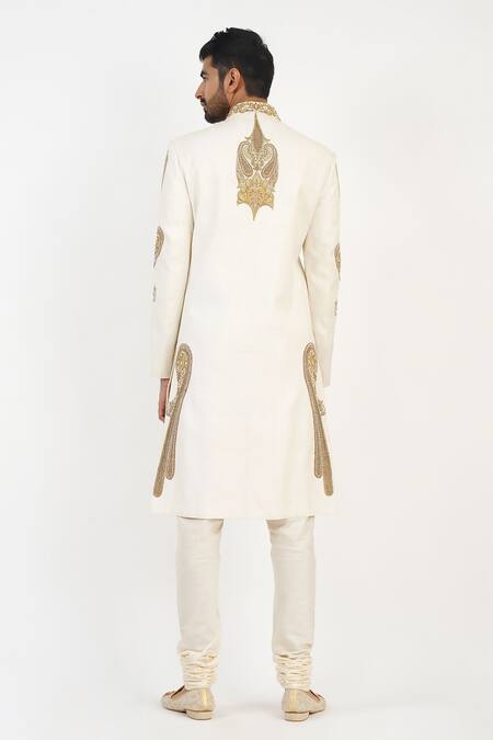 Shop Sankalan - Men Ivory Matka Silk Hand Embroidered Dabka Sherwani Churidar Set at Aza Fashions Shop_Sankalan - Men_Ivory Matka Silk Hand Embroidered Dabka Sherwani Churidar Set _at_Aza_Fashions