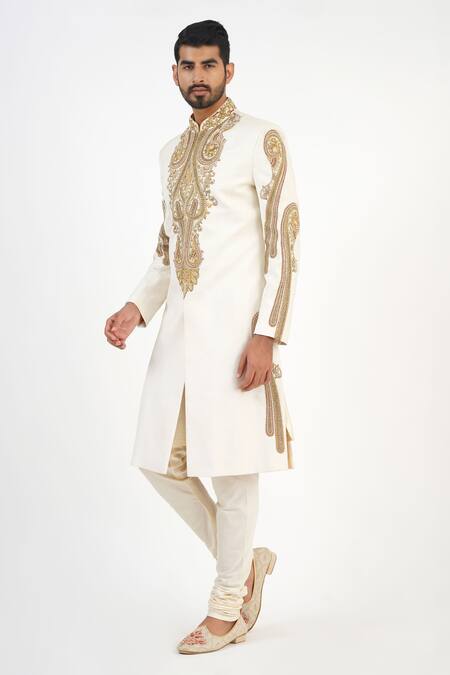 Sankalan - Men Ivory Matka Silk Hand Embroidered Dabka Sherwani Churidar Set Online at Aza Fashions Sankalan - Men_Ivory Matka Silk Hand Embroidered Dabka Sherwani Churidar Set _Online_at_Aza_Fashions