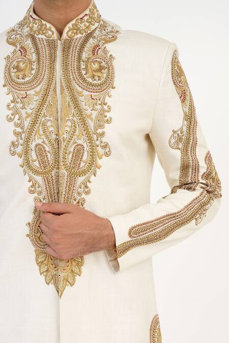 Shop Sankalan - Men Ivory Matka Silk Hand Embroidered Dabka Sherwani Churidar Set Online at Aza Fashions Shop_Sankalan - Men_Ivory Matka Silk Hand Embroidered Dabka Sherwani Churidar Set _Online_at_Aza_Fashions