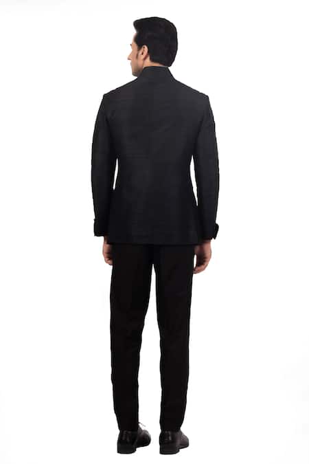 Shop_Sankalan - Men_Black Raw Silk Solid Bandhgala And Pant Set  _at_Aza_Fashions