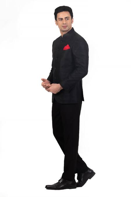 Buy_Sankalan - Men_Black Raw Silk Solid Bandhgala And Pant Set  _Online_at_Aza_Fashions