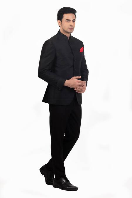 Shop_Sankalan - Men_Black Raw Silk Solid Bandhgala And Pant Set  _Online_at_Aza_Fashions
