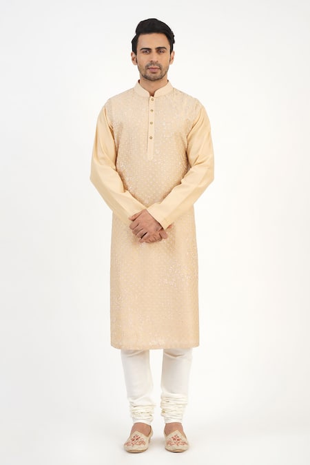 Sankalan - Men Beige Chanderi Embroidered Jaal Kurta And Churidar Set  