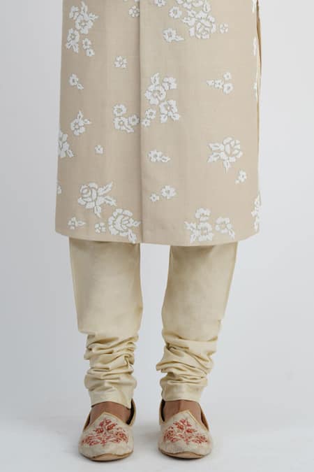 Sankalan - Men_Beige Moonga Silk Embroidered Pearls Sherwani Churidar Set  _Online_at_Aza_Fashions