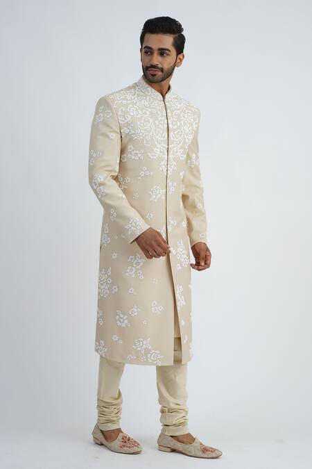 Buy_Sankalan - Men_Beige Moonga Silk Embroidered Pearls Sherwani Churidar Set  _Online_at_Aza_Fashions