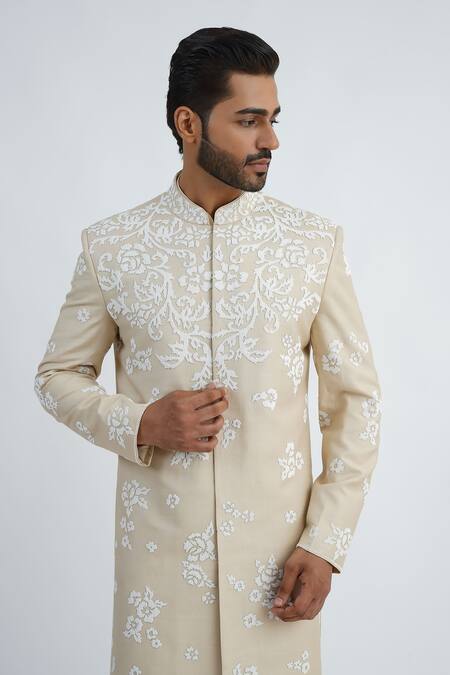 Shop_Sankalan - Men_Beige Moonga Silk Embroidered Pearls Sherwani Churidar Set  _Online_at_Aza_Fashions