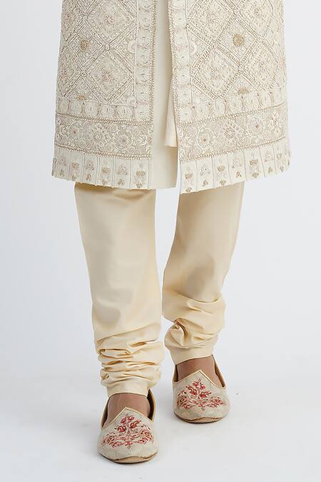 Sankalan - Men_Ivory Raw Silk Hand Embroidered Geometric Work Sherwani Churidar Set  _Online_at_Aza_Fashions