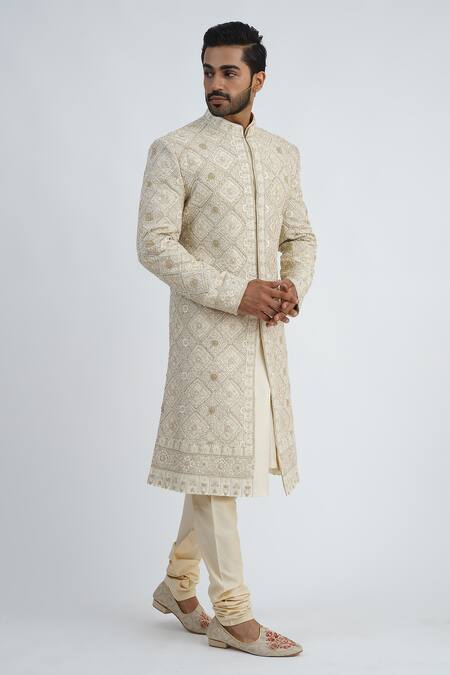 Buy_Sankalan - Men_Ivory Raw Silk Hand Embroidered Geometric Work Sherwani Churidar Set  _Online_at_Aza_Fashions