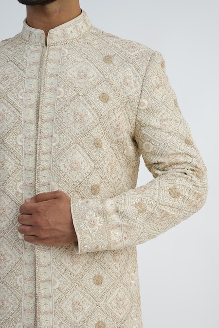 Shop_Sankalan - Men_Ivory Raw Silk Hand Embroidered Geometric Work Sherwani Churidar Set  _Online_at_Aza_Fashions