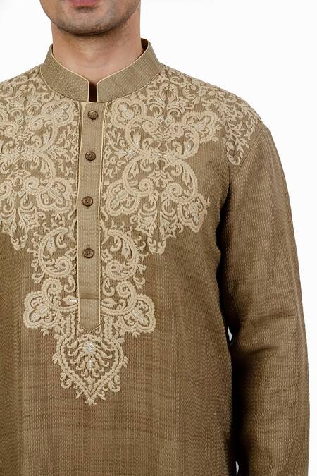 Shop_Sankalan - Men_Brown Dupion Silk Hand Embroidered Kantha Kurta And Churidar Set  _Online_at_Aza_Fashions