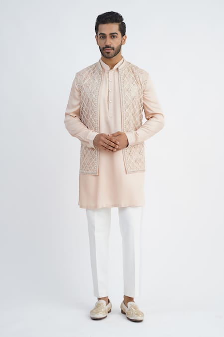 Sankalan - Men Beige Organza Hand Embroidered Geometric Bundi Jacket And Kurta Set  