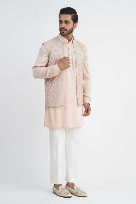 Buy_Sankalan - Men_Beige Organza Hand Embroidered Geometric Bundi Jacket Set _Online_at_Aza_Fashions