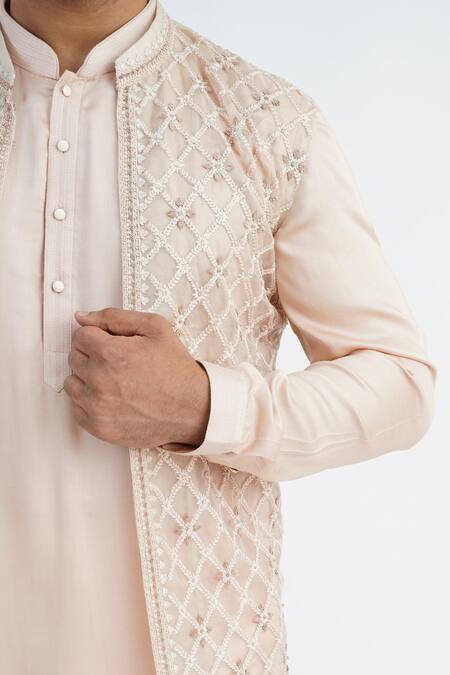 Shop_Sankalan - Men_Beige Organza Hand Embroidered Geometric Bundi Jacket Set _Online_at_Aza_Fashions