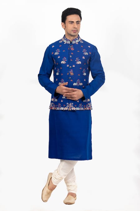 Sankalan - Men Blue Matka Silk Embroidered Abstract Bundi Jacket And Kurta Set 