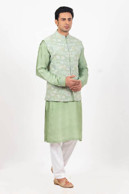 Sankalan - Men Green Matka Silk Hand Embroidered Floral Bundi Jacket With Kurta Set 