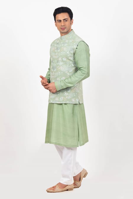 Sankalan - Men_Green Matka Silk Hand Embroidered Floral Bundi Jacket Set _Online_at_Aza_Fashions