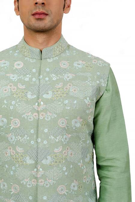 Shop_Sankalan - Men_Green Matka Silk Hand Embroidered Floral Bundi Jacket Set _Online_at_Aza_Fashions